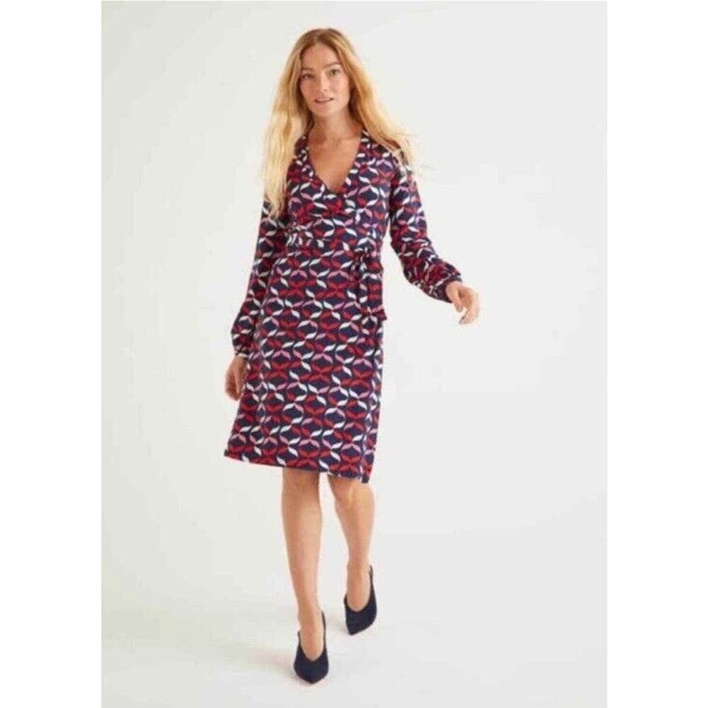 New Boden Women’s Elodie Jersey Knit Wrap Dress Geometric Blue Stretch Sz US 12R
